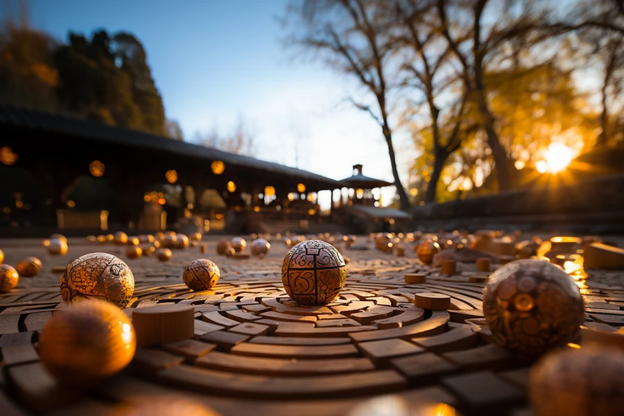 Jeux en bois traditionnels anciens disposés sur une table
