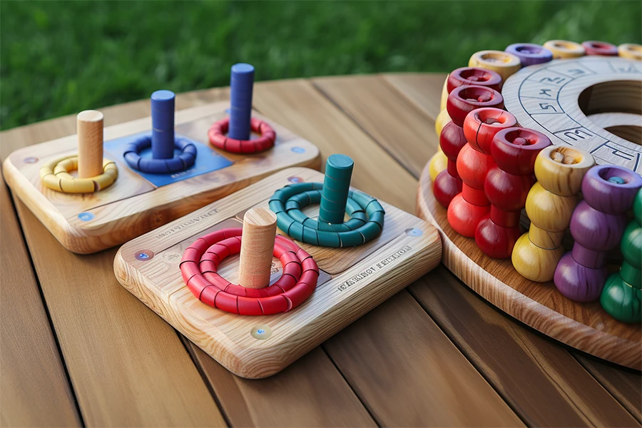 Jeux en bois faits main posés sur une table d'atelier