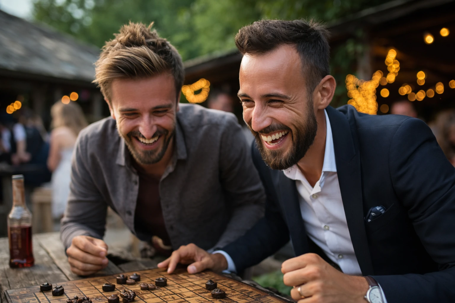 Fou rire de collaborateurs devant un jeu en bois lors d'un team building d'entreprise