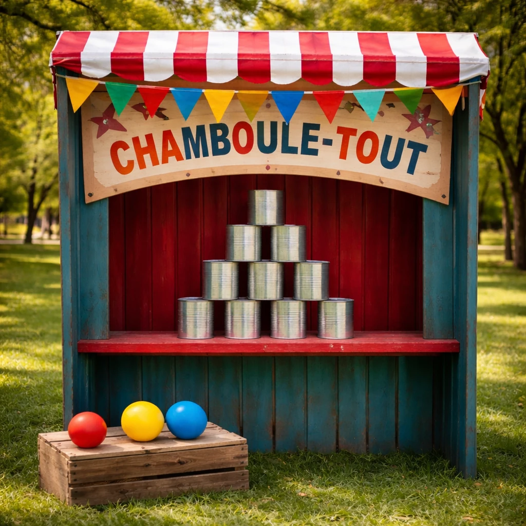 Chamboule-tout géant en bois sur un stand de jeux d'adresse